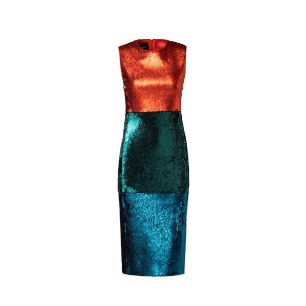 Orange and turquoise sequin color block dress