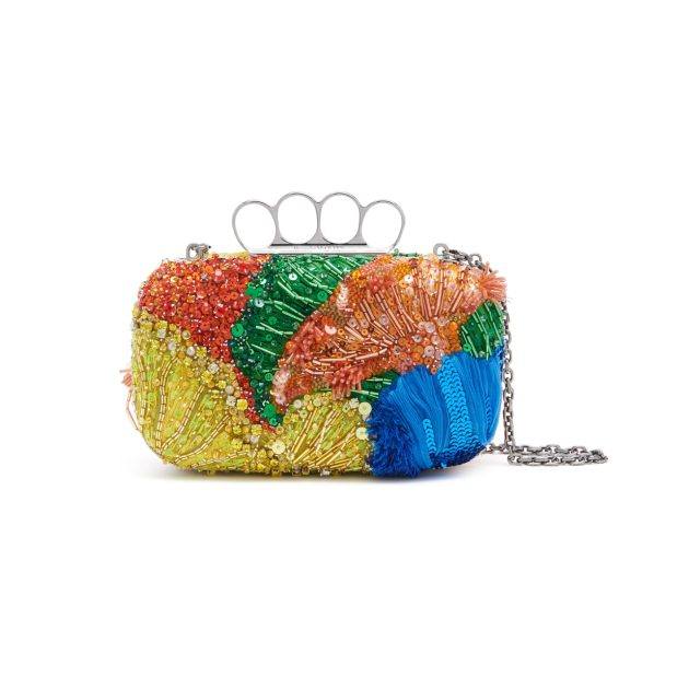 Multi-color embroidered mushroom clutch with four-ring metal handle