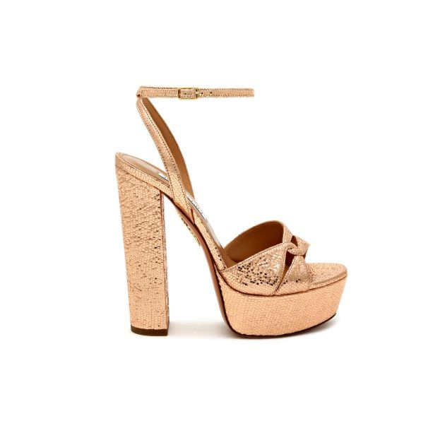 Rose gold open-toed, platform heels with ankle strap