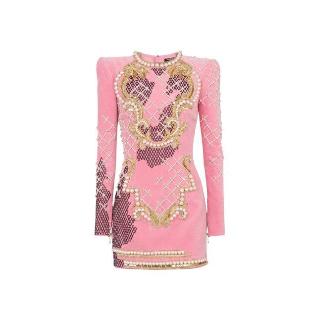 Pink velvet long-sleeved mini dress with embroidery and pearl embelishments