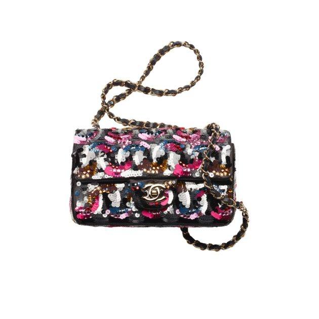 Multi-colored tweed and sequin bag with front flap and CC logo at closure