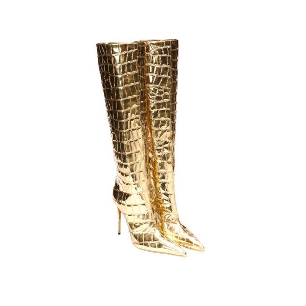 Tall metallic gold croc embossed pointed toe heeled boots