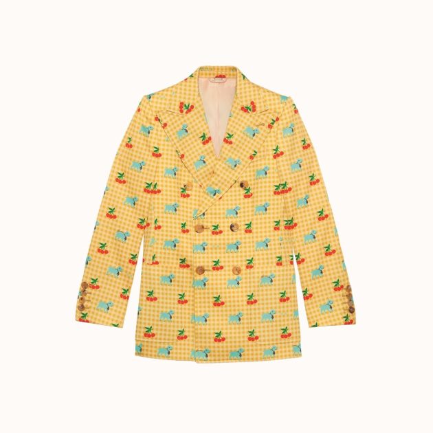 Yellow gingham-print jacket with cherry and lamb print