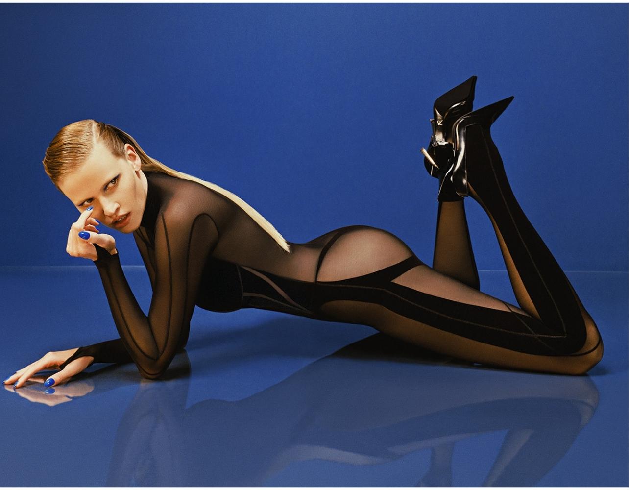 Model in a Mugler X Wolford black body suit
