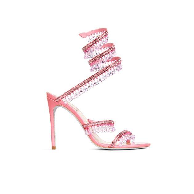 Pink heeld sandles with crystal detailing and wrap-up ankle strap