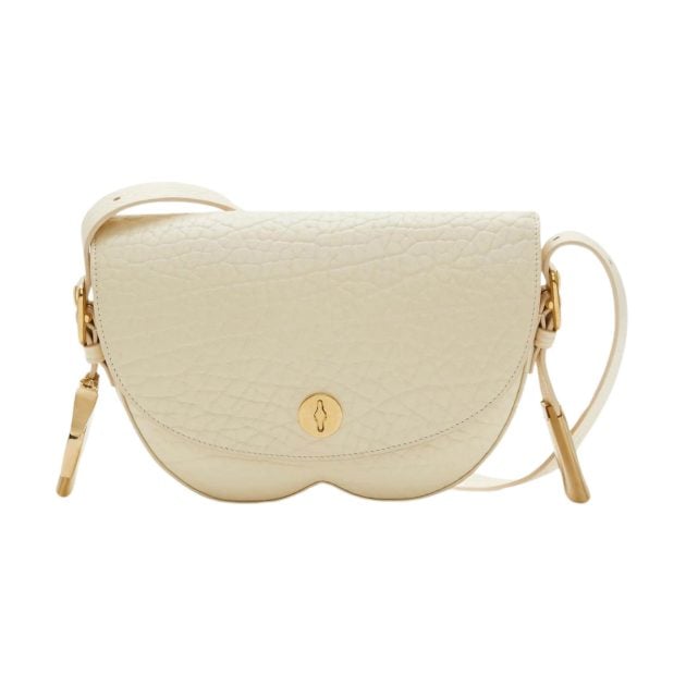 Burberry B-shaped cream leather flap shoulder bag with gold hardware and adjustable strap