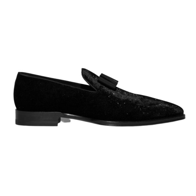 Image of black velvet Dsquared2 loafers with glitter accent and grosgrain bow