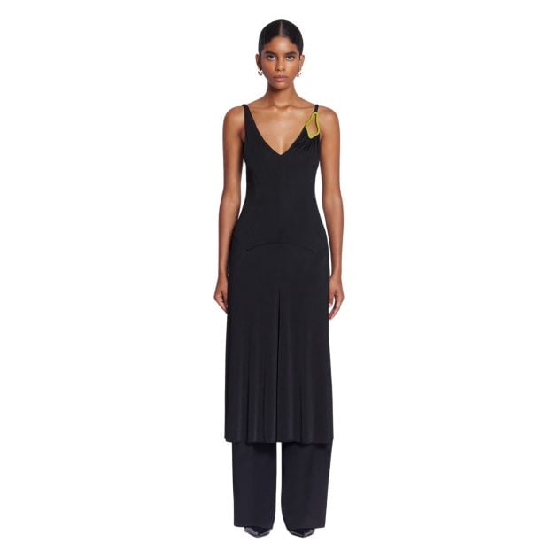 Lanvin black sleeveless A-line midi dress with green hardware detail on strap