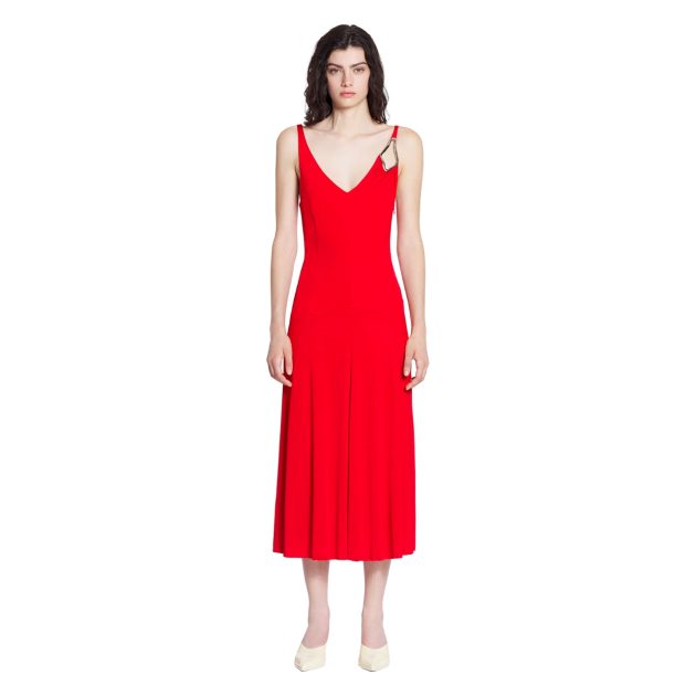 Lanvin red sleeveless A-line midi dress with gold hardware detail on strap
