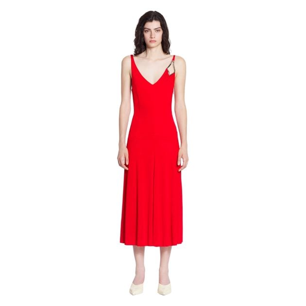 Lanvin red sleeveless A-line midi dress with gold hardware detail on strap