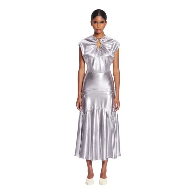 Lanvin silver metallic draped shirt with keyhole and matching long skirt set