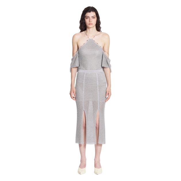 Lanvin silver embellished cold shoulder top and midi skirt with slits set