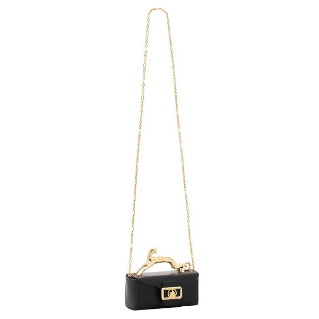 Lanvin black semi-shiny calfskin leather bag with brushed gold cat accent handle