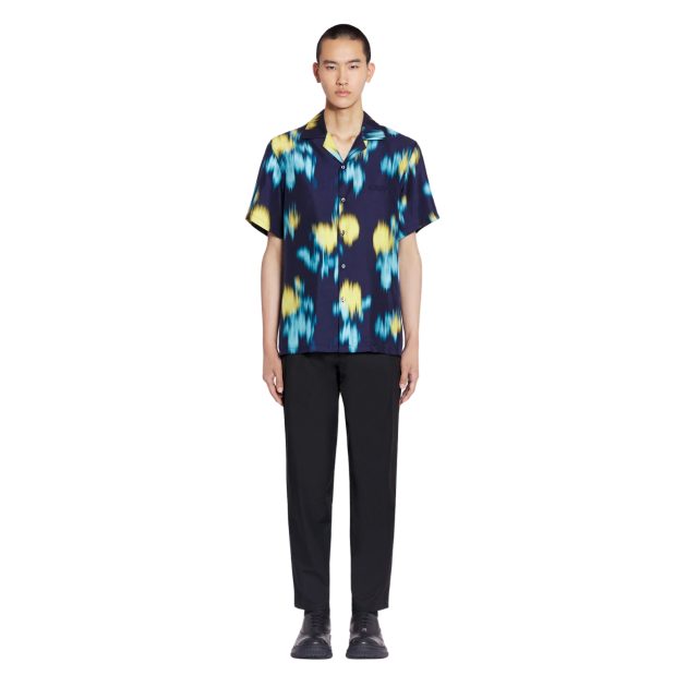 Lanvin men's printed bowling shirt with navy, turquoise and yellow abstract print