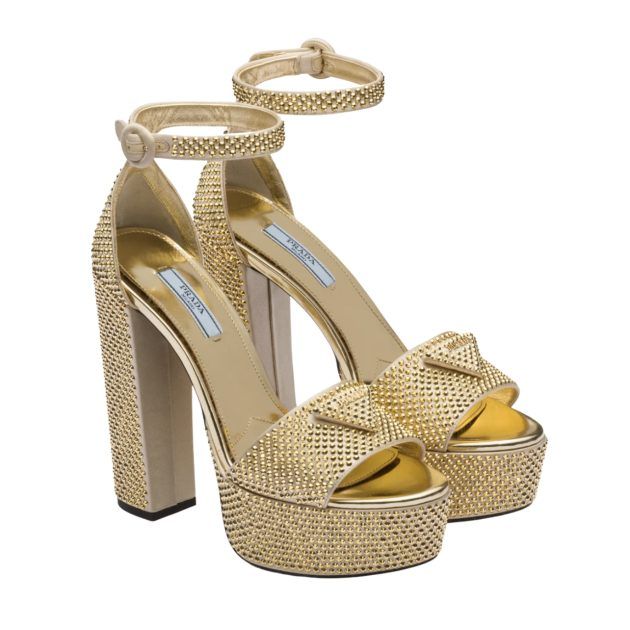 Image of gold platform Prada heels with rhinestones