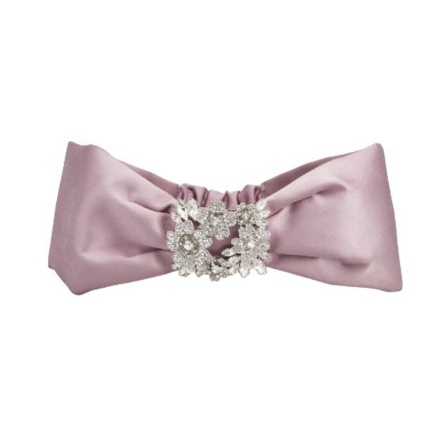 Image of pastel pink Roger Vivier headband with a crystal buckle