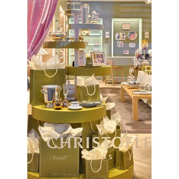Cascading display featuring fine silver pieces from Christofle