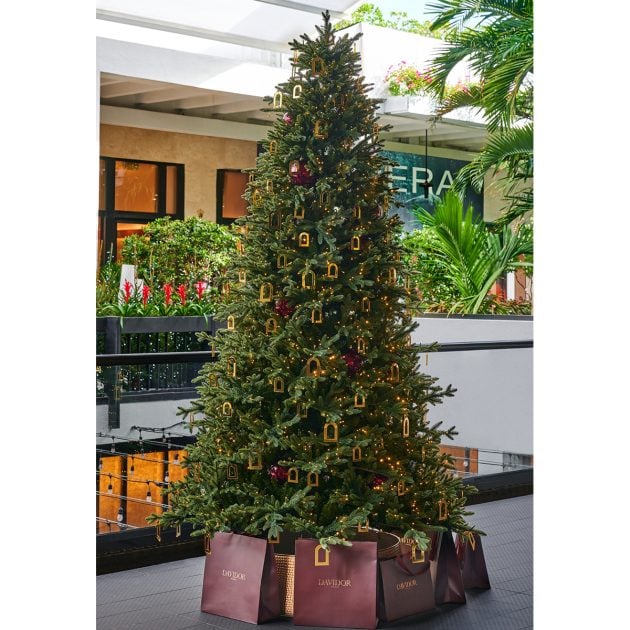 Traditional Christmas tree with signature arch motif and burgundy packaging at the base