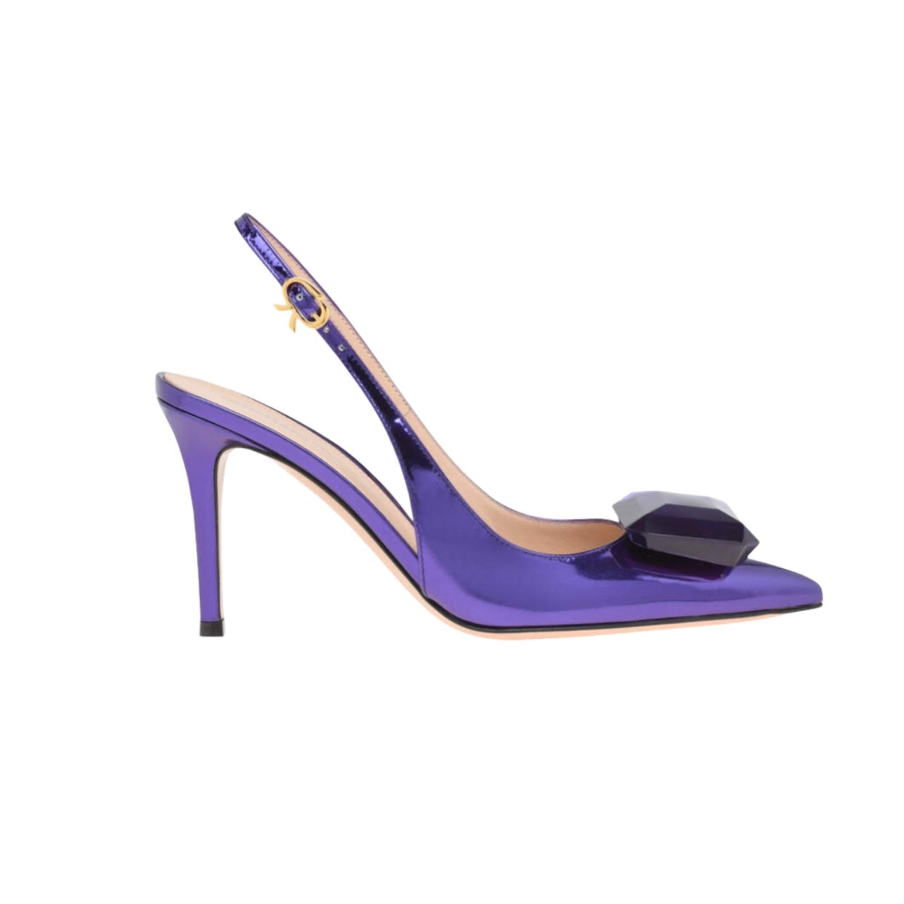 Purple slingback pointed-toe heel with oversized front gem embellishment