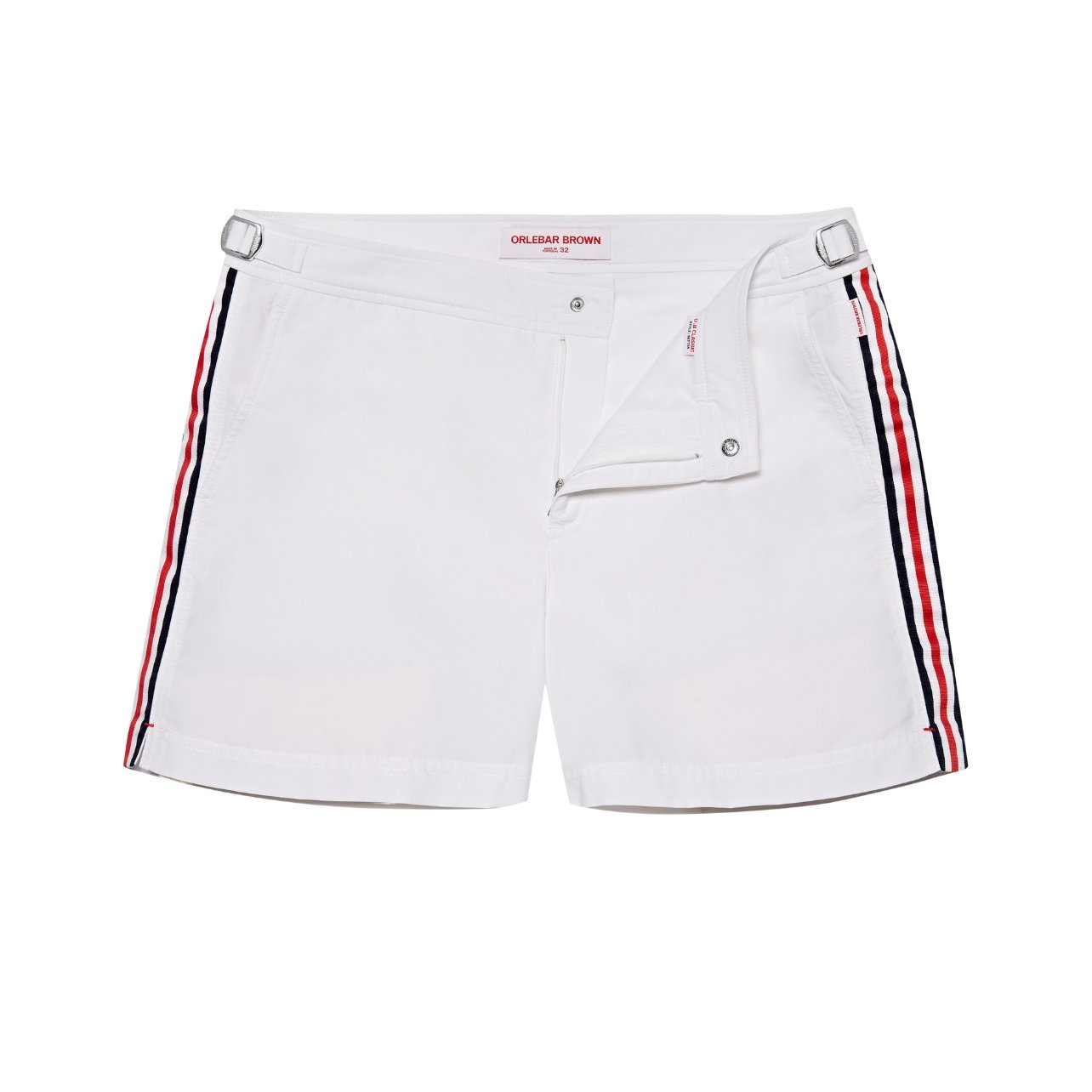 Orlebar Brown white swim trunks with red and navy trim down the sides