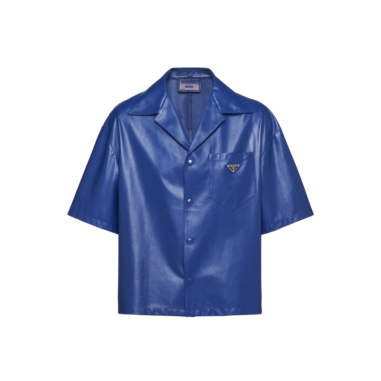 Blue leather shirt with front snap closure and signature Prada logo on the front left pocket