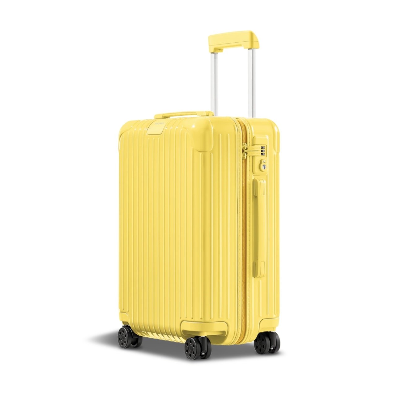 Yellow hard shell suitcase with adjustable handle
