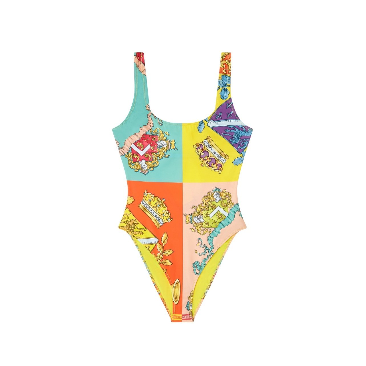 Multi-colored one-piece swimsuit with crown motif