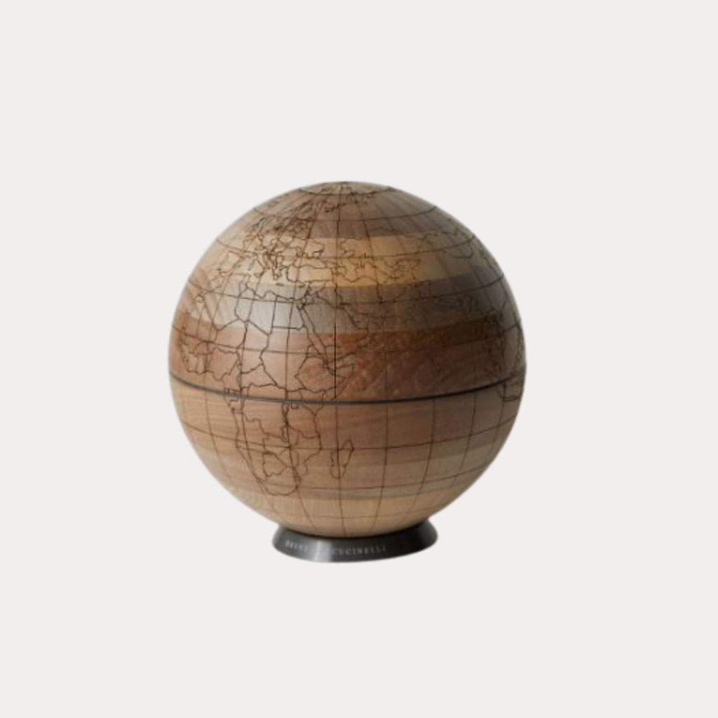 Is there anything worse than trying to decide if they’re a medium or a large? Avoid sizing embarrassment with this carved wood globe from Brunello Cucinelli, which features the same artisanal craftsmanship found in the Italian brand’s apparel.