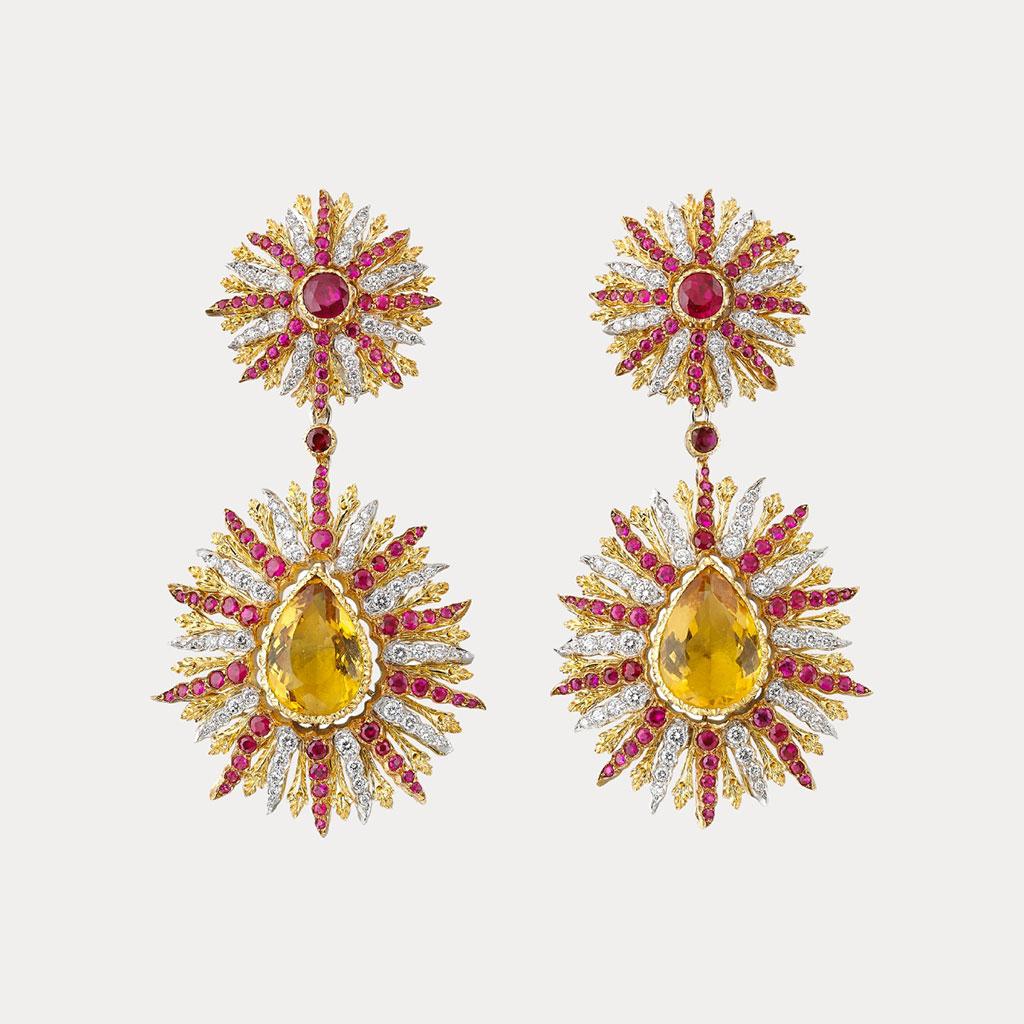 Buccellati sells smaller earrings, but we’re firm subscribers of the “go big or go home” philosophy, especially around the holidays. Show her you went all out with these Cocktail earrings in 18K yellow, white, and pink gold set with 184 round faceted rubies, 2 faceted heliodor and 14 round brilliant-cut diamonds.