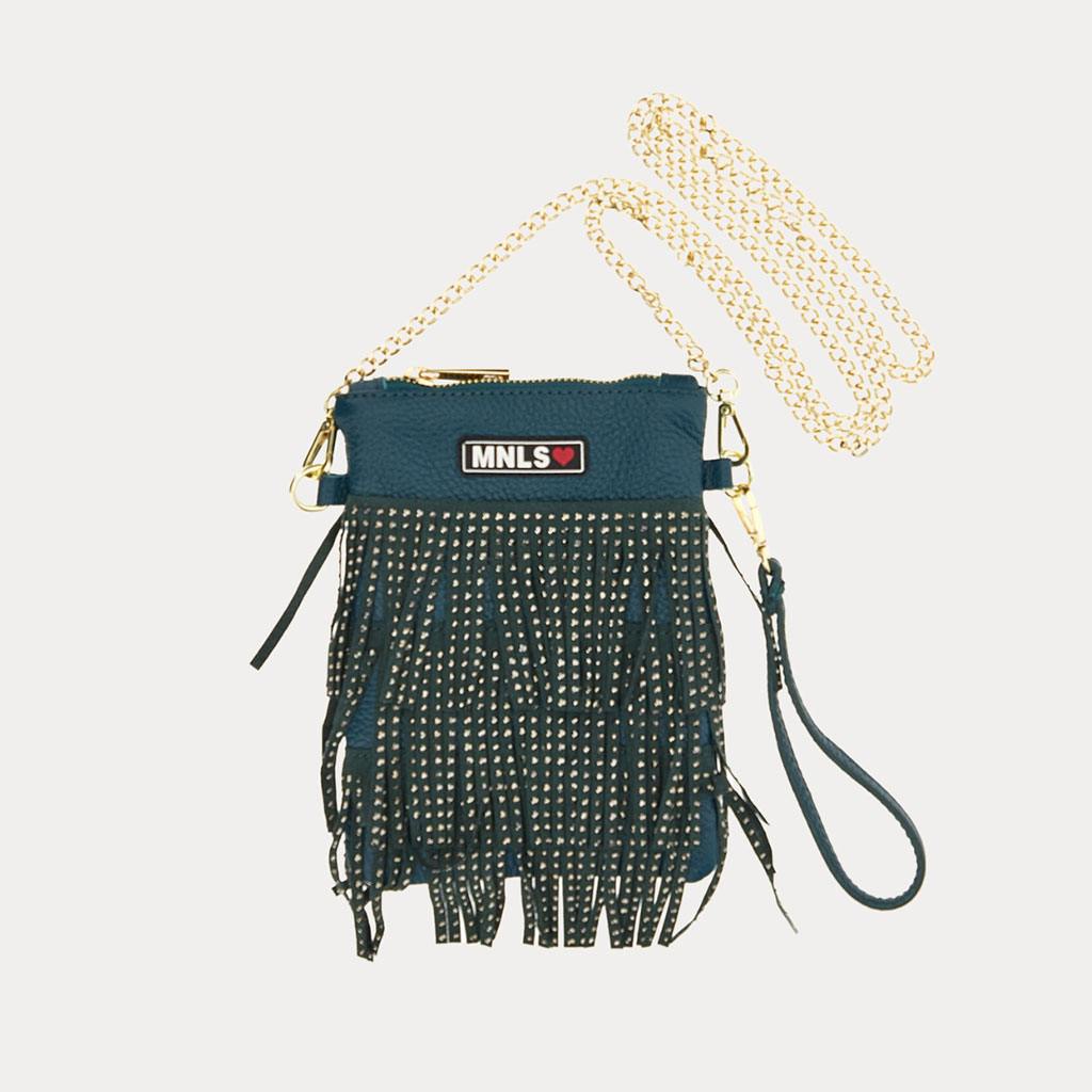 Monnalisa’s shoulder bag features fringe, studs, and enough room to carry around their personal items—and probably a few of yours too.                                                                                                                                               