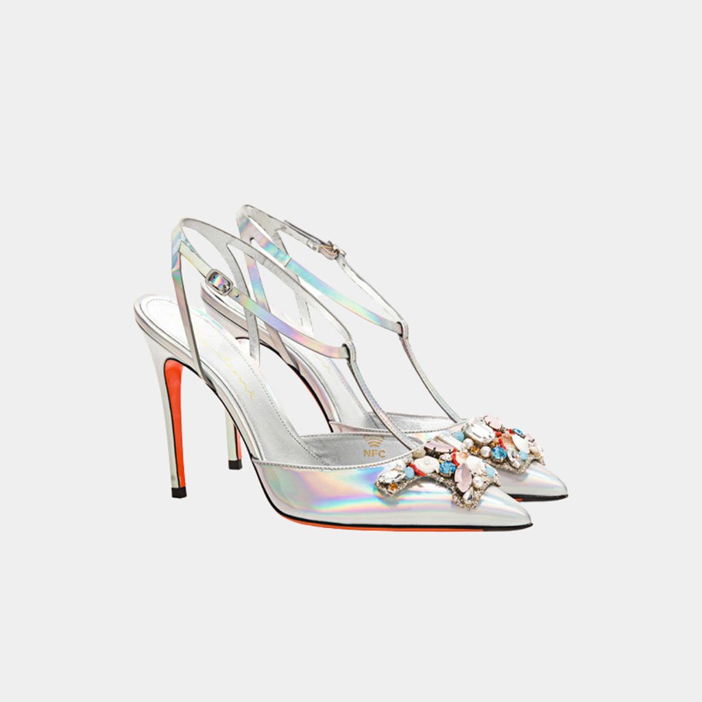 You’d know if she had them already. Santoni’s signature double-buckle shoe with gemstone, crystal, and shell embellishment also features a striking stiletto heel and guaranteed smile upon unwrapping. 