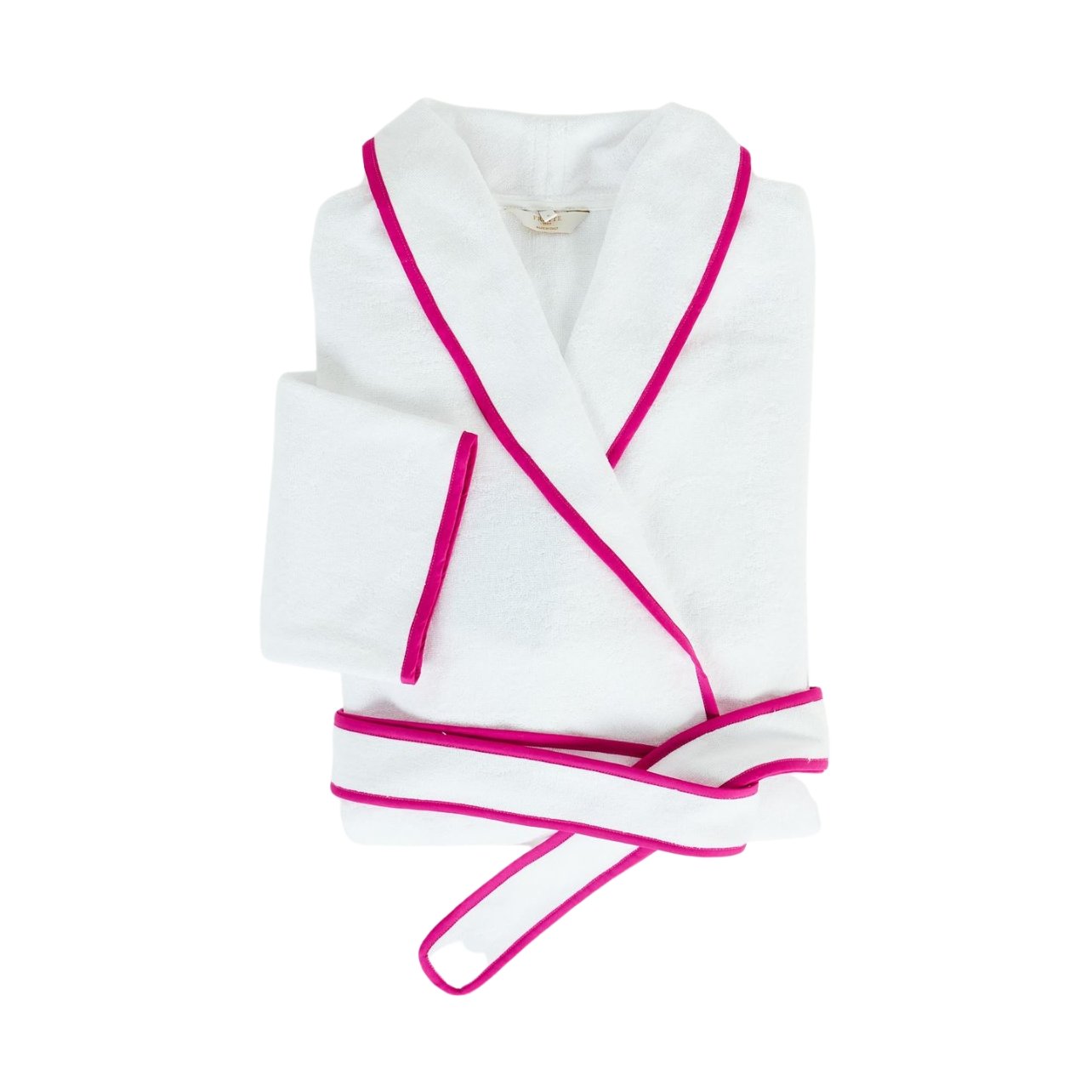 Portrait of white belted robe with pink trim