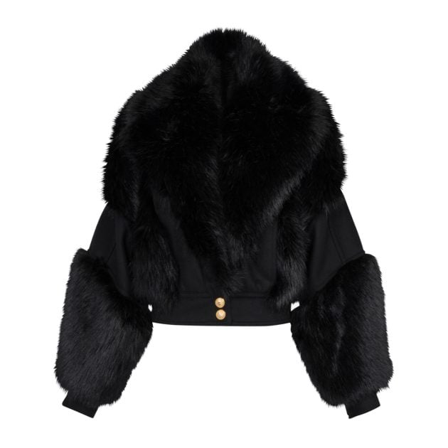 Black wool and faux fur jacket with gold buttons