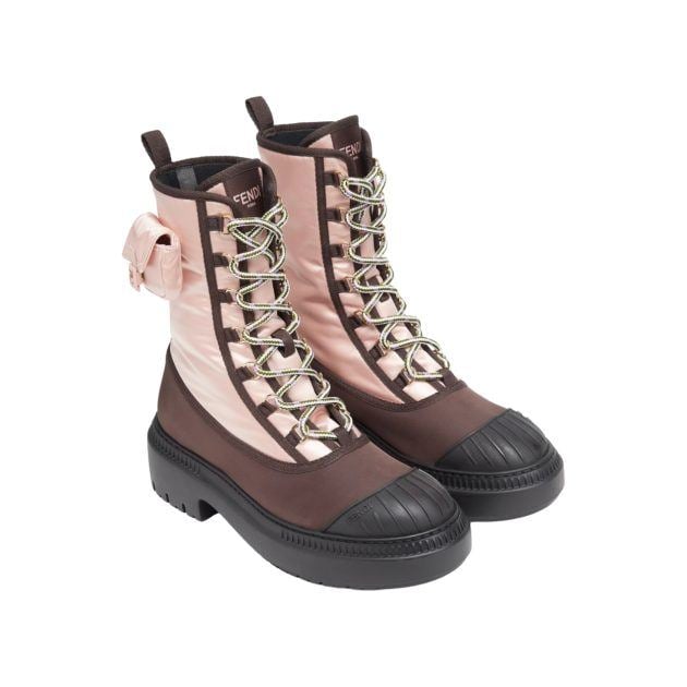 Portrait of Fendi pink and brown nylon biker boots with baguette pocket