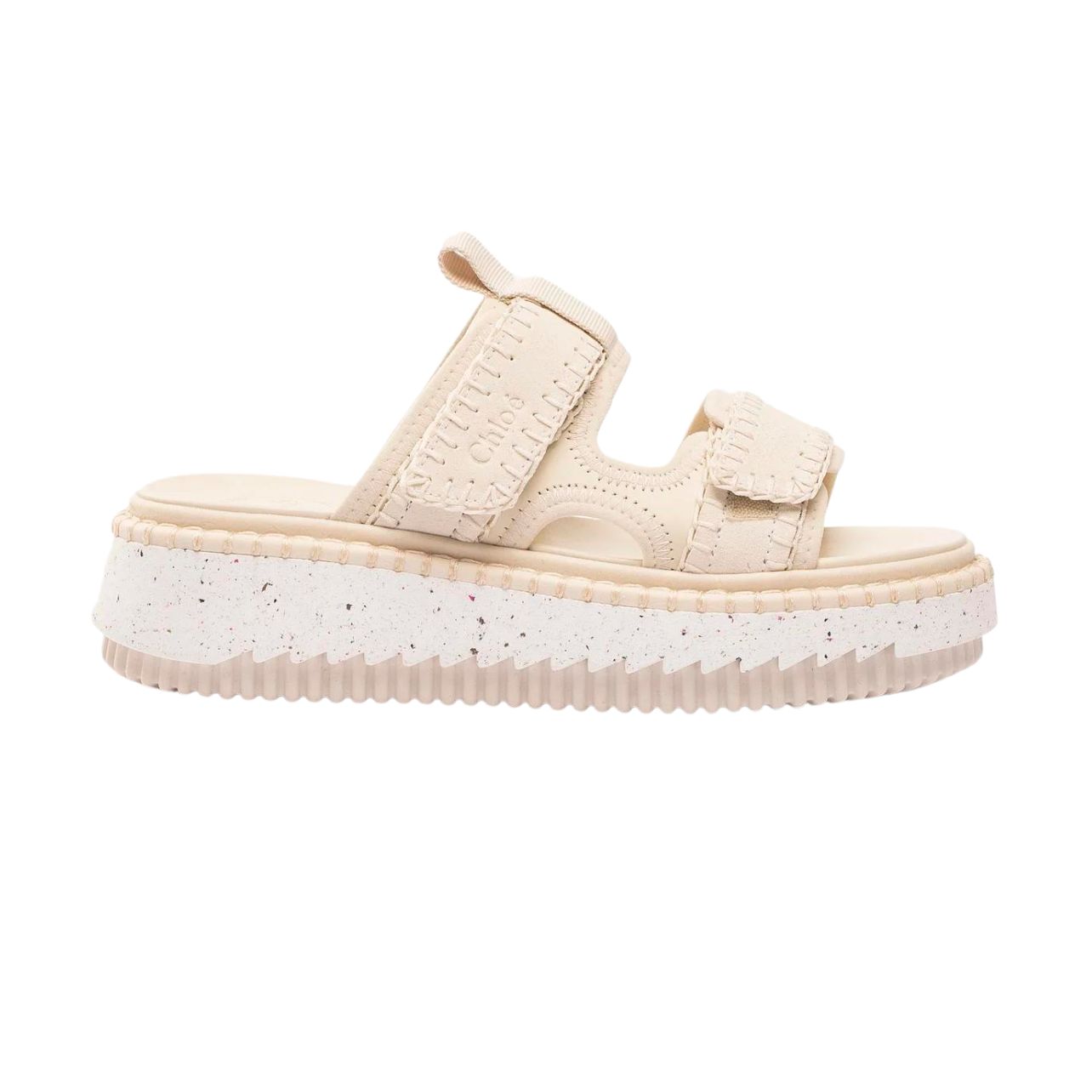 Portrait of platform Chloe sandals with stitching details