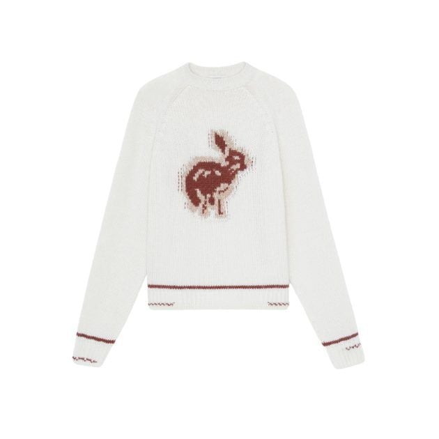 Portrait of cream mohair alpaca crewneck sweater with a rabbit graphic