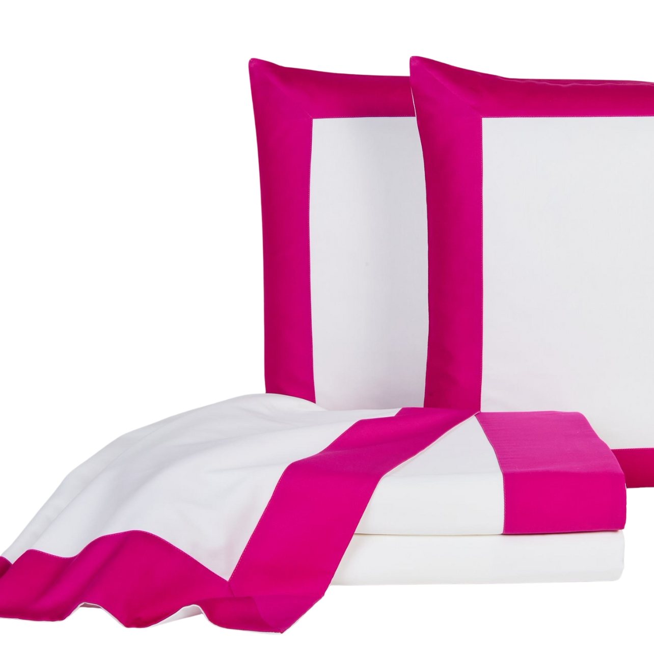 Portrait of White linens and pillows with pink trim