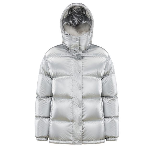 Portrait of metallic silver short down jacket