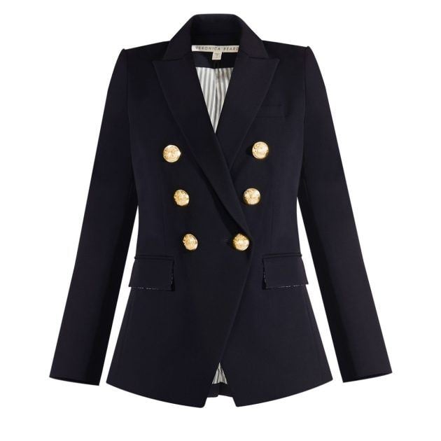 Photo of navy-blue double-breasted blazer with gold crest buttons