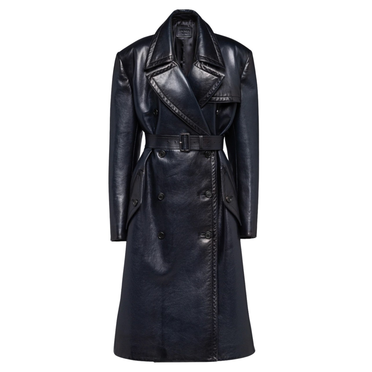 Navy double breasted leather trench coat