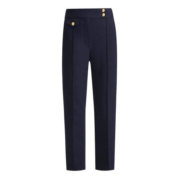 Photo of navy-blue streamlined trousers with gold crest buttons