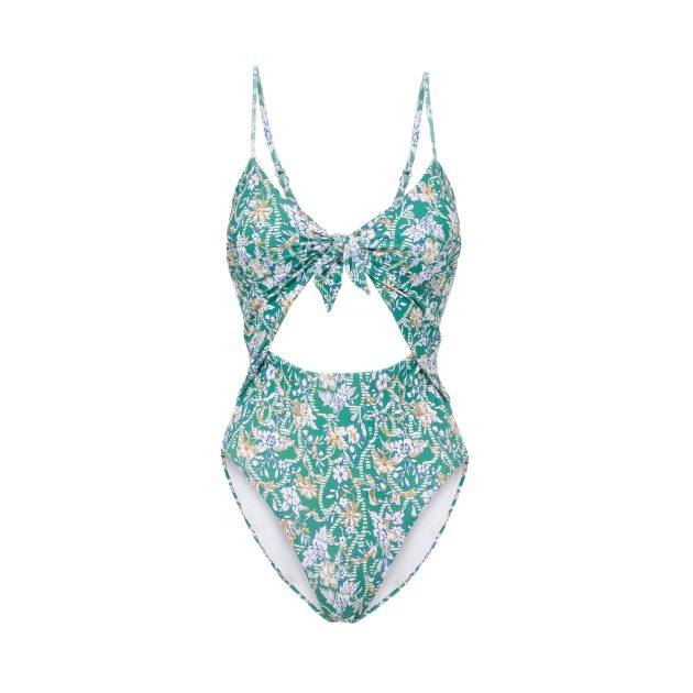 Photo of green floral one piece swimsuit with front cutout