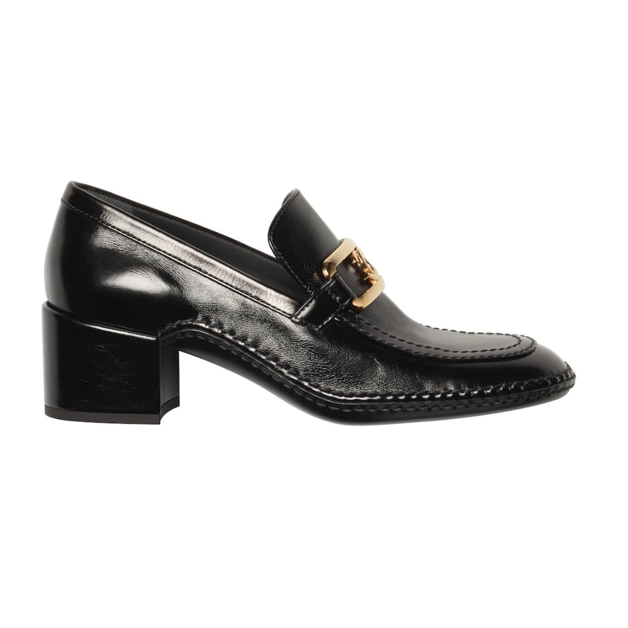 Black heeled loafer with gold hardware