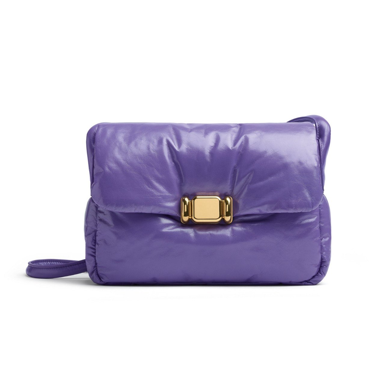 Purple padded bag with a gold closure
