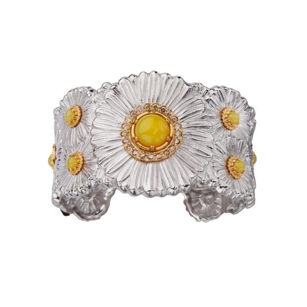 Silver floral cuff bracelets with gold, diamond, and yellow agate accents