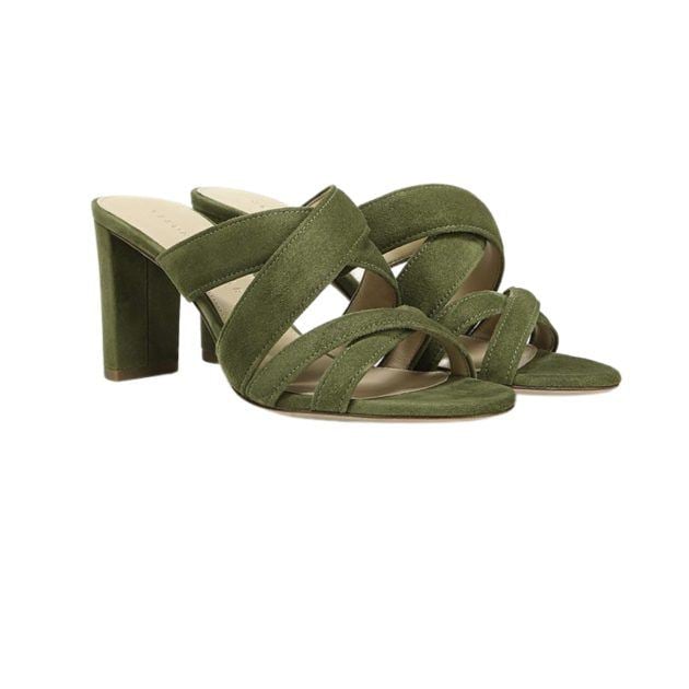 Photo of suede green strappy slip-on sandal heels