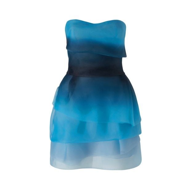 Portrait of gradient strapless blue tule mini dress