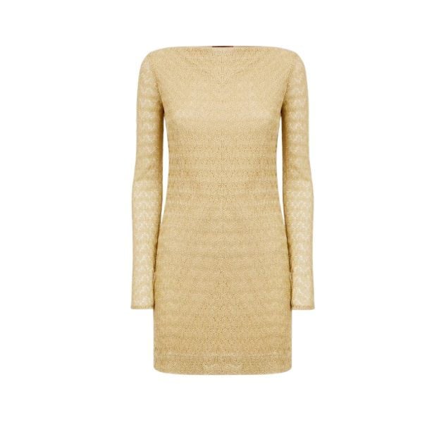 Portrait of gold long sleeve knitted dress with a wide neckline