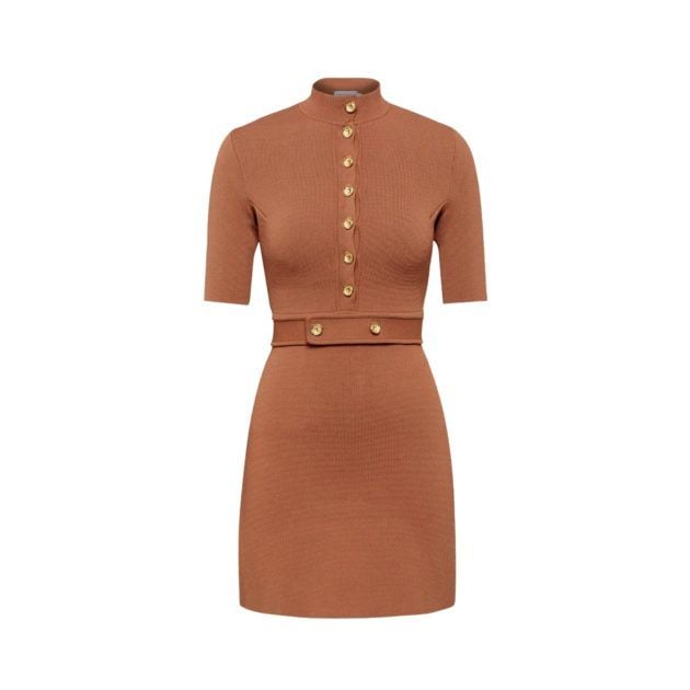 Portrait of tan Crepe Knit mini dress with gold buttons