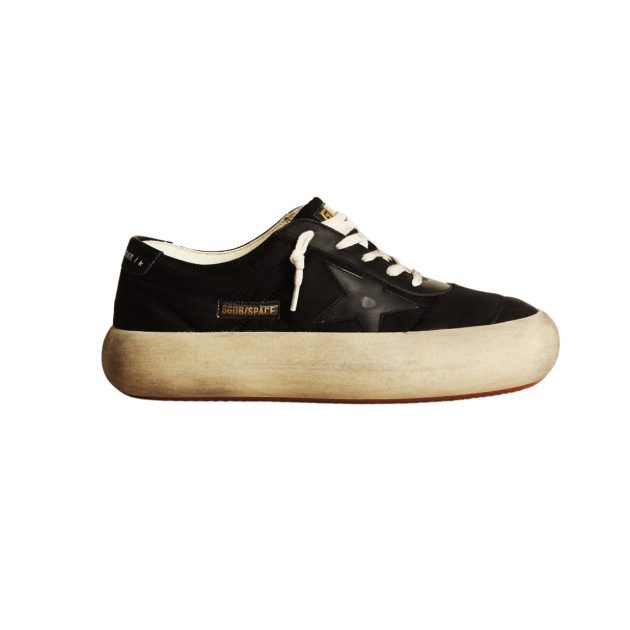 Black nylon low top sneakers with black leather star and heel tab